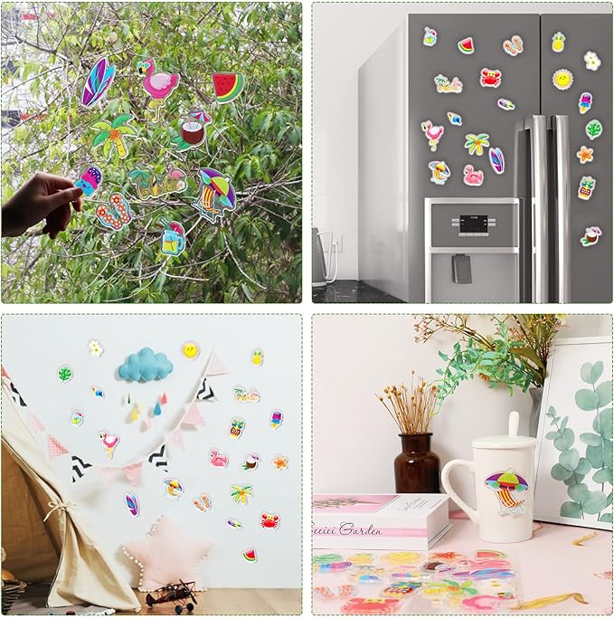 20 PCS Hawaiian Thick Gel Clings Summer Beach Window Gel Clings Decals Stickers for Kids Toddlers and Adults Home Airplane Classroom Nursery Hawaiian Party Supplies Decorations Removable and Reusable