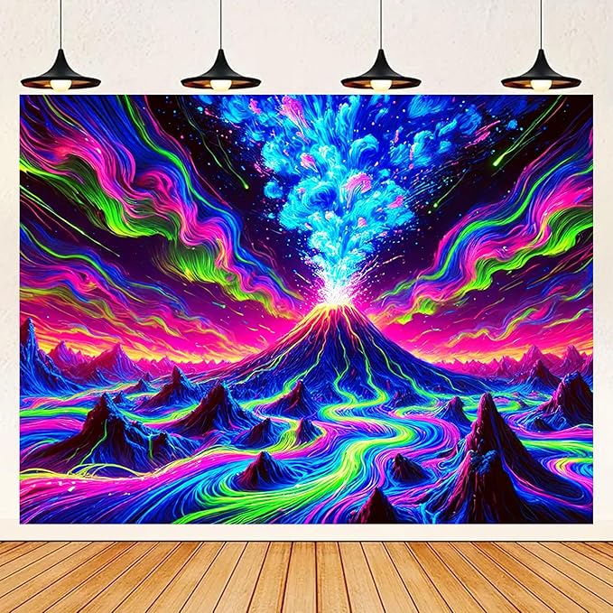 BlissYard Erupting Volcano Stream UV Black Light Tapestry 78x59 Inches Art Color Neon Light Background Bedroom Living Room Wall Party Decoration Psychedelic Lava Mountain Sky Flow Fantasy Scene