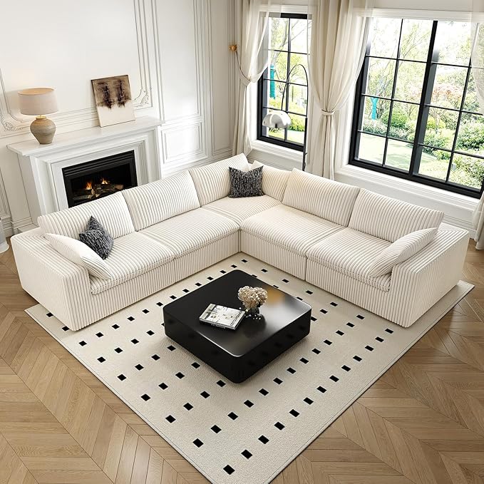 118" Cloud Couch Oversized Modular Sectional Sofa for Living Room,Modern Sofa with Deep Seat,V Shaped Boneless Couch,Comfy Upholstered Corduroy Couches for Apartment, Studio, Office,Bedroom,White