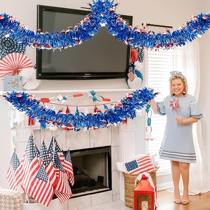 4th of July Patriotic Tinsel Garland Decoration 33FT, Red White and Blue Tinsel Garland with Shiny Star Metallic Garlands,Independence Day Memorial Day Decor for Home Indoor Outdoor
