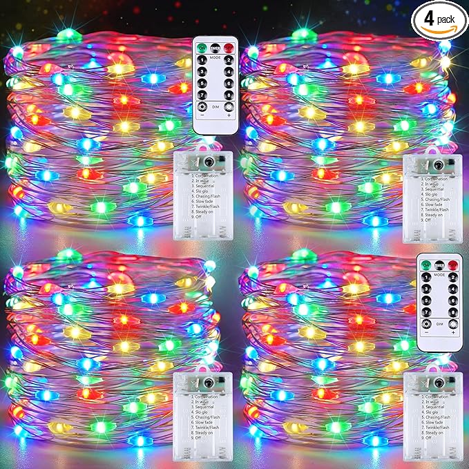 4 Pack Fairy Lights Battery Operated with Remote Control Timer, 26 FT 80 LED String Lights Outdoor Indoor, 8 Mode Twinkle Lights for Christmas Party Wedding Birthday Bedroom Decorations (Multicolor)