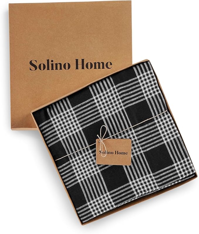 Solino Home Linen Tablecloth 60 x 120 Inch - 100% Pure Linen Glen Check Black and White Table Cloth for Rectangle Tables - Machine Washable Tablecloth for Fall, Autumn, Halloween, Thanksgiving