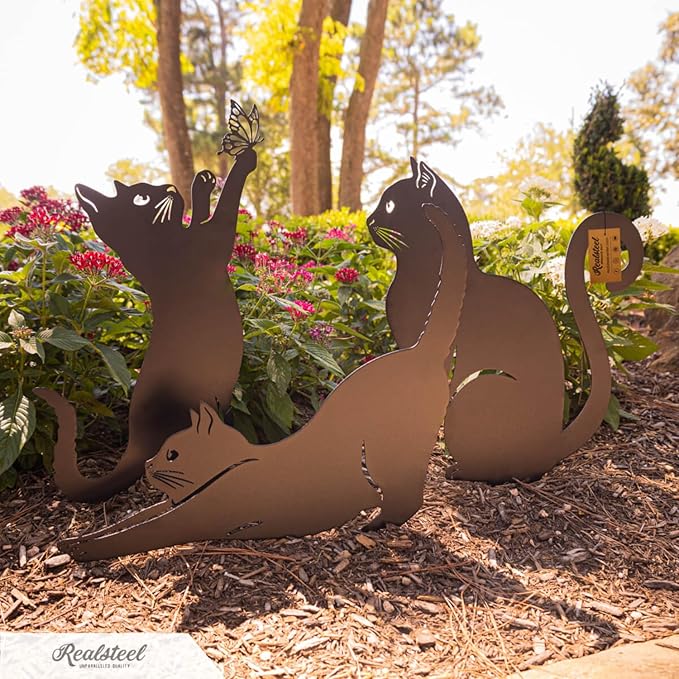 RealSteel I 3 Pack Steel Cat Garden Decor I Outdoor Yard Decorations I Gift for Cat Lovers I Lawn Ornaments and Statues I Garden Signs Decorative Outdoor - Textured Silver