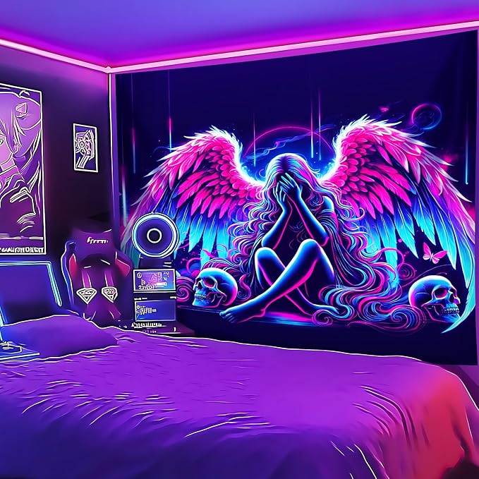 Blacklight Tapestry,WingTapestry Glow In The Dark,UV Reactive Black Light Upright Posters Wall Hanging for Bedroom Dorm Living Room Backdrop Decor (wing1, 79L" x 59W")