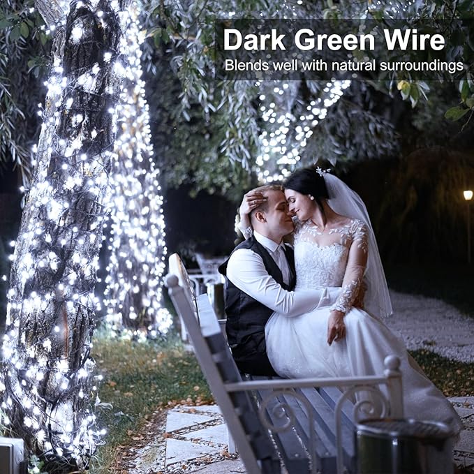 Christmas Lights Outdoor, 66FT 200 LED White Christmas Tree Lights with 8 Modes Waterproof, Plug in Green Wire Connectable String Light for Indoor House Patio Wedding Party Decorations