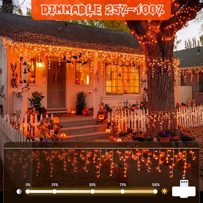 JMEXSUSS Orange Halloween Lights Outdoor, 38.8 FT 400 LED Orange Icicle Lights Outdoor Waterproof, 8 Modes String Light Plug in for Fireplace Tree Garden Patio Thanksgiving Fall Halloween Decor