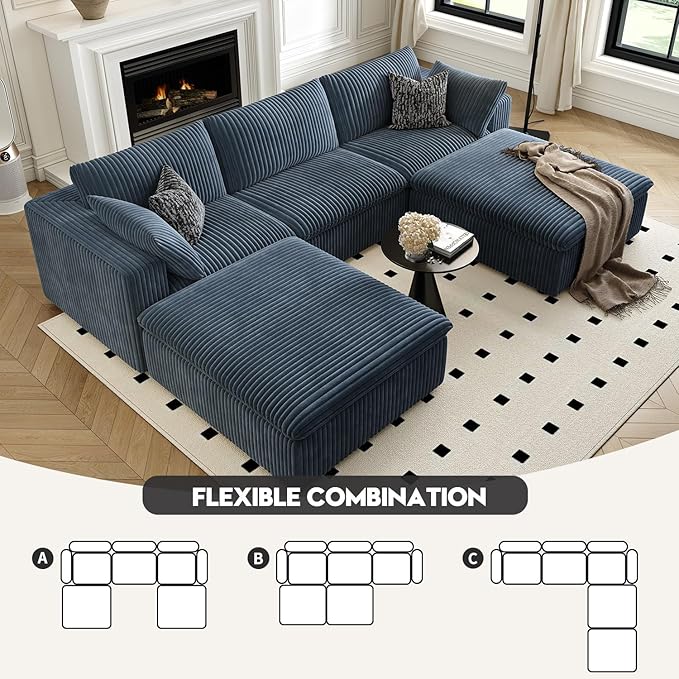 118" Cloud Couch Modular Sectional Sofa for Living Room,Modern Sofa with Deep Seat,U-Shape Boneless Couch with 2 Ottoman,Comfy Upholstered Corduroy Couches for Apartment, Studio, Office,Bedroom,Blue