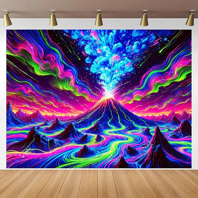 BlissYard Erupting Volcano Stream UV Black Light Tapestry 78x59 Inches Art Color Neon Light Background Bedroom Living Room Wall Party Decoration Psychedelic Lava Mountain Sky Flow Fantasy Scene