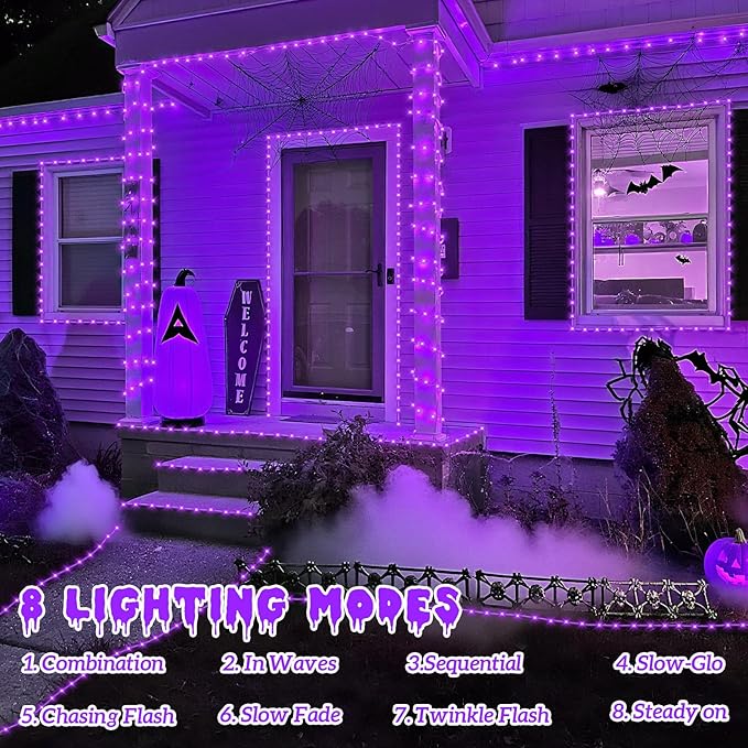 YEGUO 2 Packs Each 33ft 100 LED Solar Rope Lights Outdoor Waterproof, Purple String Lights for Outside, 8 Modes Fairy Lights in Clear Thin Tube for Camping Fence Patio Garden Trampoline Deck