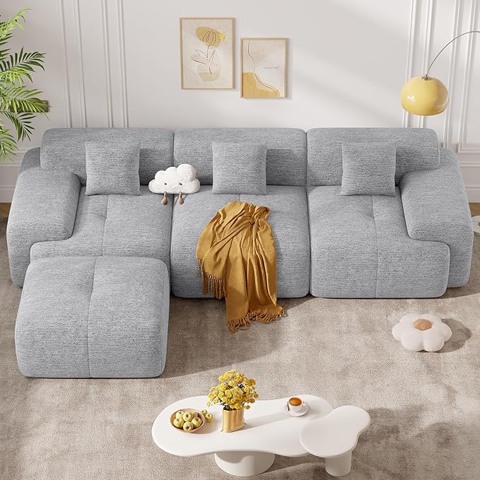 122" Modern L Shaped Modular Sectional Sofa, Boneless Couches for Living Room with Ottoman,4 Seater Convertible Chenille Cloud Couch Sofa Set, No Assembly Required, Light Grey 1 PCS
