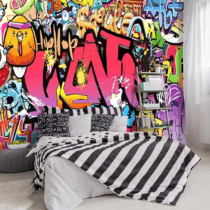 '-Street Art Graffiti Wallpaper Fabric Wallpaper Living Room Bedroom Bathroom Boys Girls Children's Room Abstract Large Wall Mural- 183"x120"( not Peel and Stick)