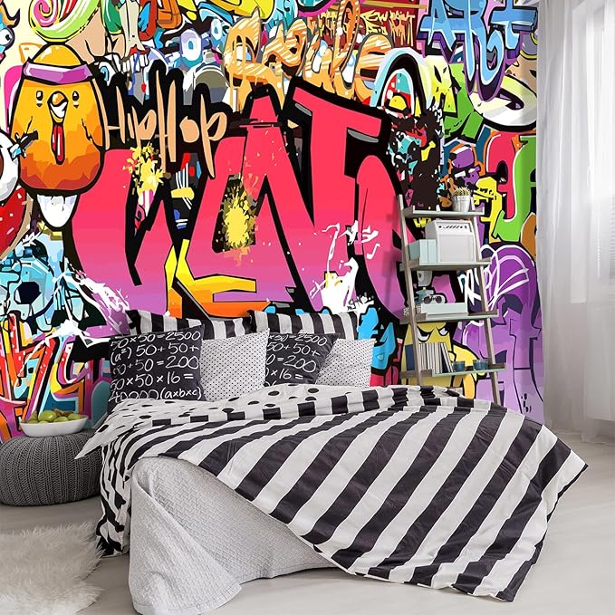'-Street Art Graffiti Wallpaper Fabric Wallpaper Living Room Bedroom Bathroom Boys Girls Children's Room Abstract Large Wall Mural- 137"x96"( not Peel and Stick)