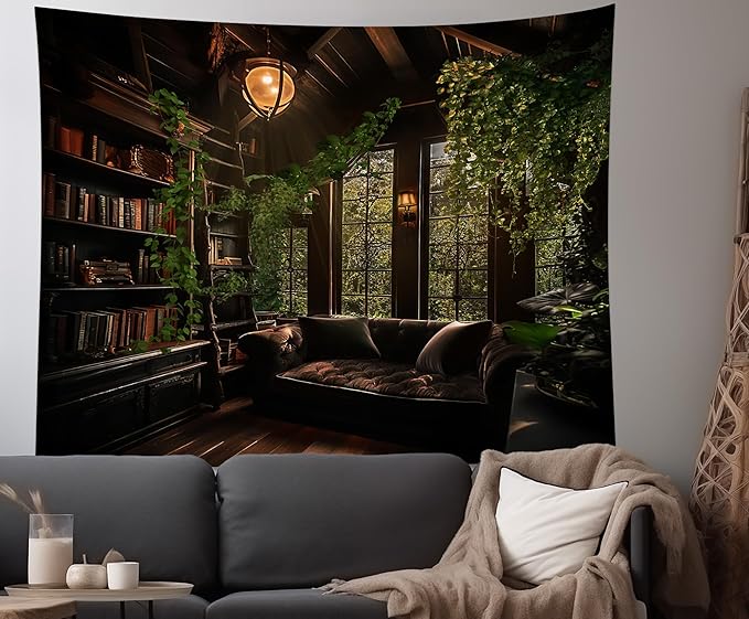 dueeia Medieval Bookshelf Tapestry Wall Hanging Book Library Backdrop Bookcase Dark Academia Vintage Wall Decor for Bedroom Aesthetic Living Room Office (37.4"x28.7")