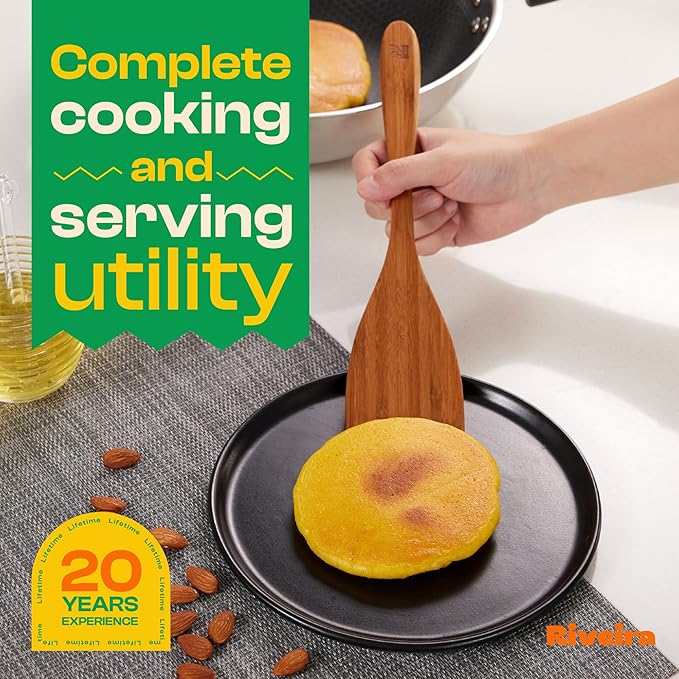Riveira Natural Bamboo Wooden Cooking Utensils Set of 9 Premium Quality Non-Toxic Wooden Spoons and Spatulas for Cooking