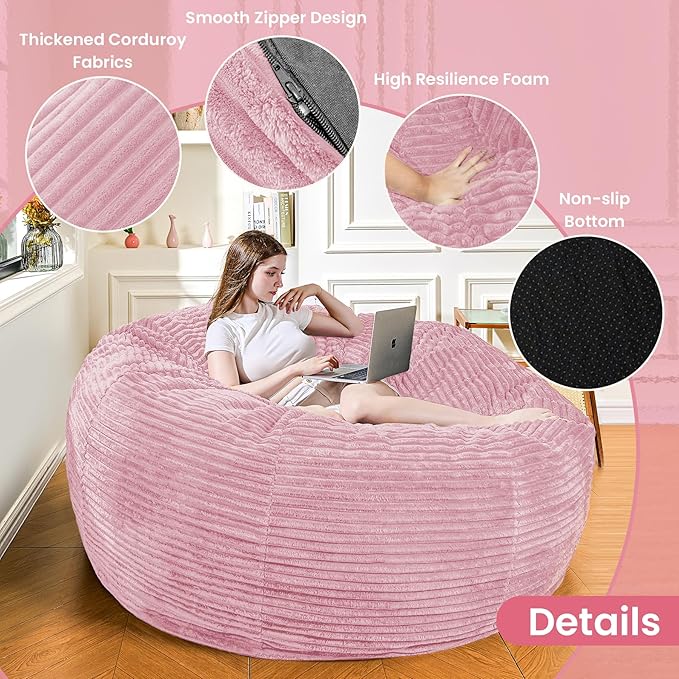 Large Bean Bag Chair, 6FT Giant Beanbag Chairs with Memory Foam Filled, Bean Bag Chairs for Adults, Ultra Soft Lazy Sofa for Living Room Bedroom (Pink)