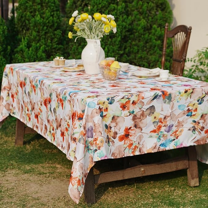 Floral Outdoor Tablecloth, Waterproof Tablecloth for Rectangular Table, Soft Vibrant Farmhouse Table Cover for Dining, Party - Spring/Summer, 54''x72'', Orange Flower