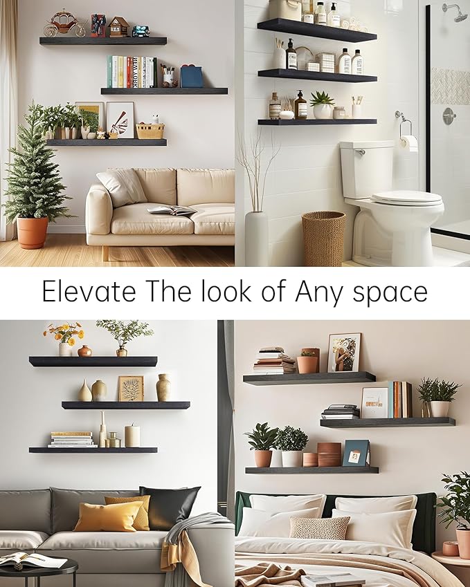 BAYKA Floating Shelves for Wall, 36 inches Long Wall Mounted Rustic Wood Shelves for Bathroom, Bedroom, Living Room, for Books/Storage/Decor with 30lbs Capacity๏ผBlack,Set of 3