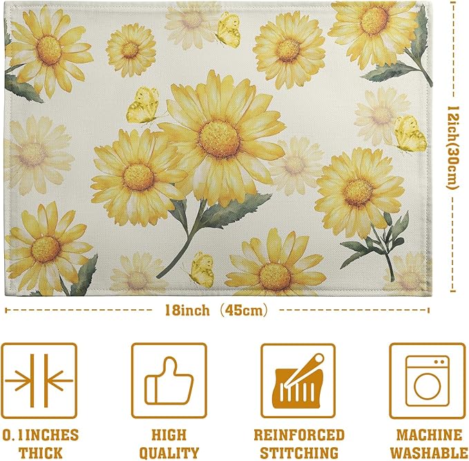 Sunflower Placemats Set of 4 Summer Yellow Floral Table Mat 12x18 Inch Farmhouse Daisy Flower Linen Fabric Place Mats for Party Kitchen Dining Outdoor Indoor Decor
