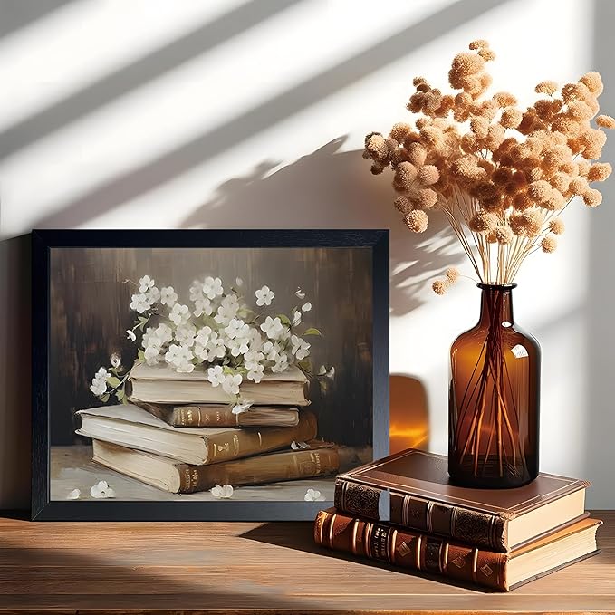 Wood Framed Canvas Poster Print Wall Art, Vintage Floral Book Wall Decor Oil Painting, Dark Academia Room Aesthetics Picture for Bathroom Classroom Dormitory room Decor 12x16 inch