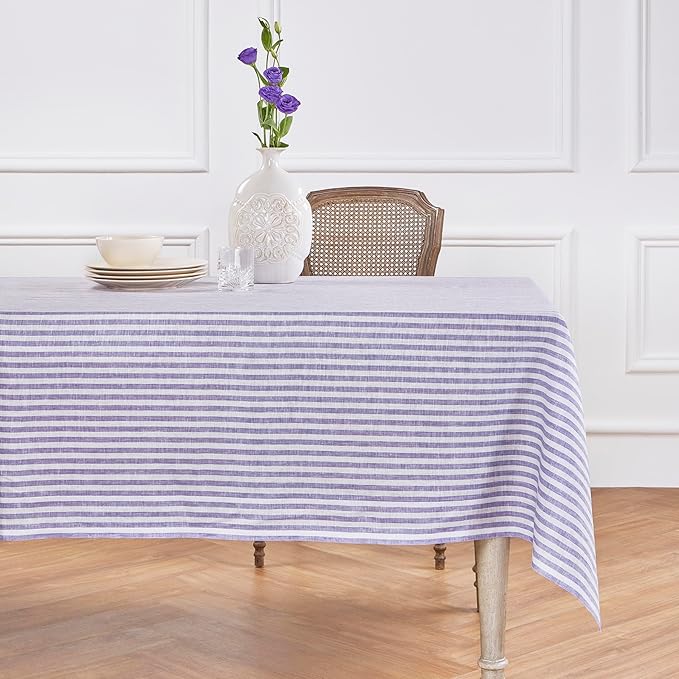 Solino Home Linen Striped Tablecloth 60 x 108 Inch - 100% Pure Linen Violet and White Table Cloth for Rectangle Tables - Amalfi Stripe, Machine Washable Tablecloth