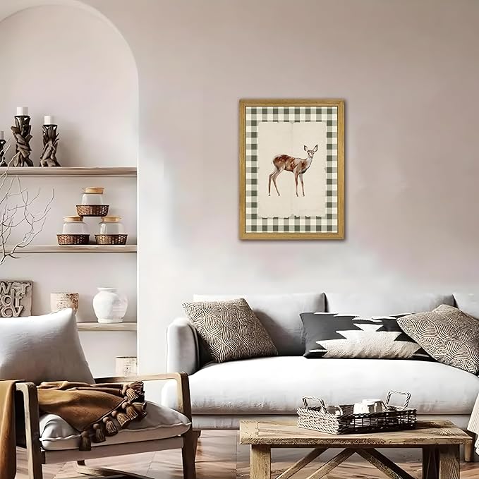 Wood Framed Deer Wall Art Print, Woodland Baby Deer Canvas Poster Wall Decor, Vintage Rustic Green Gingham Farmhouse Animal Picture for Living Room Kitchen Bedroom Nursery Decor, 12x16 inch