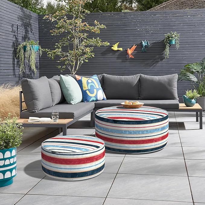 Inflatable Ottoman Stool D31 xH14 for Outdoor/Indoor Use, Water Repellent Patio Foot Rest Stool with Portable Handle,Round Pouf Ottoman Suitable for Garden,Deck and Camping - Stripe Red Blue