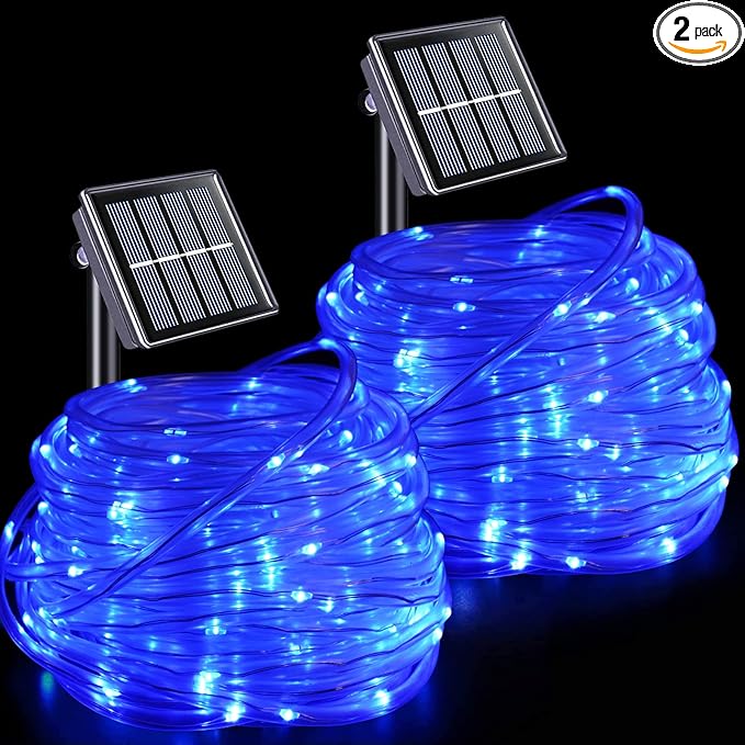 YEGUO 2 Packs Each 33ft 100 LED Solar Rope Lights Outdoor Waterproof, Solar Pool Light Blue, 8 Modes Solar Fairy Lights in Clear Thin Tube Outside for Camping Fence Patio Garden Trampoline Deck