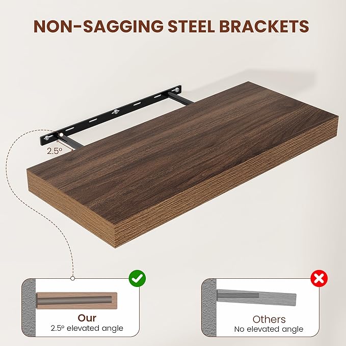 Wide Floating Shelves for Wall 12 Inch Deep, 55" X 12" X 2" Floating Shelf, 2 Inch Thick Shelf for Bathroom Bedroom Kitchen Book Room, Heavy Duty 85lbs Shelves for Farmhouse Decor Set of 2, Walnut