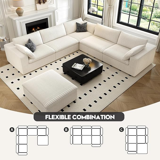 118" Cloud Couch Oversized Modular Sectional Sofa for Living Room,Modern Sofa with Deep Seat,6 Seater Boneless Couch,Comfy Upholstered Corduroy Couches for Apartment, Studio, Office,Bedroom,White
