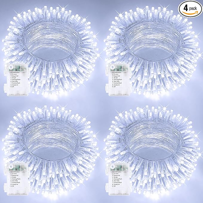 4 Pack String Lights Battery Operated with Timer, 132FT 400 LED Waterproof Battery Twinkle Lights, 8 Modes Fairy Light for Indoor Outdoor Party Bedroom Garland Tree Christmas Decorations (Cool White)