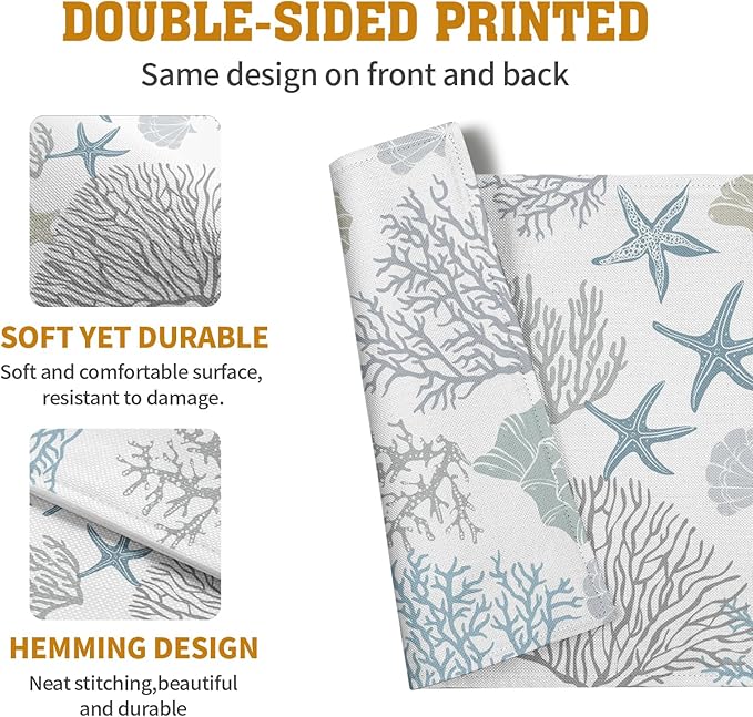 Summer Linen Placemats Set of 4 Nautical Coastal Theme Washable Non-Slip Heat Resistant Table Place Mat 12×18 Inch Ocean Beach Blue Grey Coral Starfish Place Mats for Kitchen Dining Table