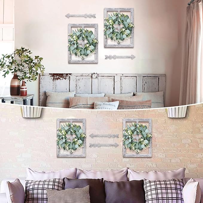 Rustic Wood Window Frame with Green Wreath and Arrows Wall Decor,Farmhouse Window Frame Hanging Decor, Wooden Fake Decoration,Window Pane Wall Decor,Set of 2 (White)