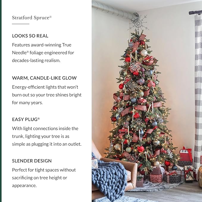 Balsam Hill 7.5ft Pre-Lit Stratford Spruce - Slim Artificial Christmas Tree with 600 LED Clear Lights, True Needle Foliage, Easy Plug Technology & Premium Stand for Small Spaces