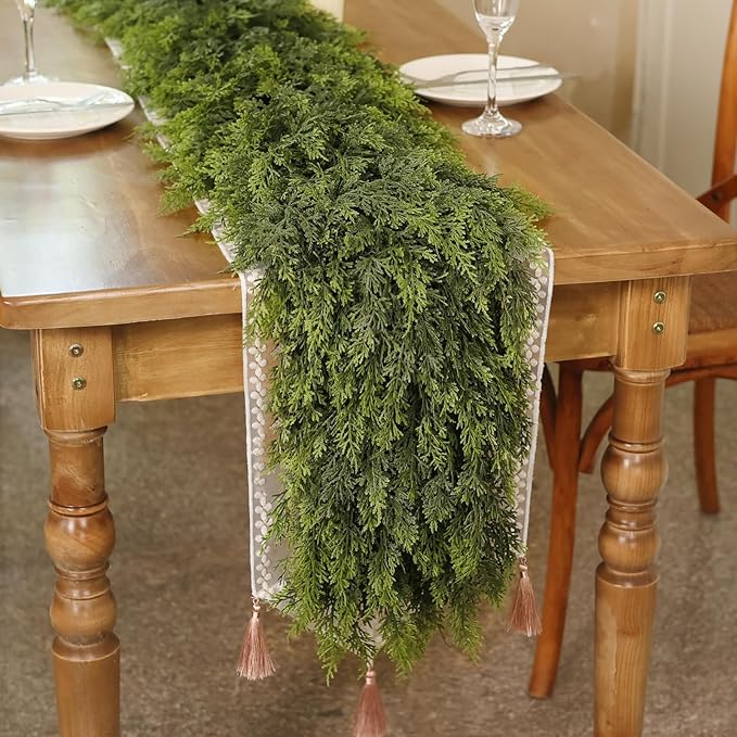5FT Real Touch Cedar Garland - Artificial Christmas Garland Fake Green Faux Thick and Lush Pine Needles Garlands for Table Fireplace Mantle Holiday Home Indoor Outdoor Decor (1PCS)