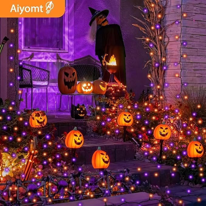 Halloween Lights, 2 Pack 100 LED Orange & Purple Battery Operated Mini String Light, 32 Ft Total Waterproof Halloween Lights 8 Modes for Indoor Outdoor Patio Garden Holiday Party Decorations