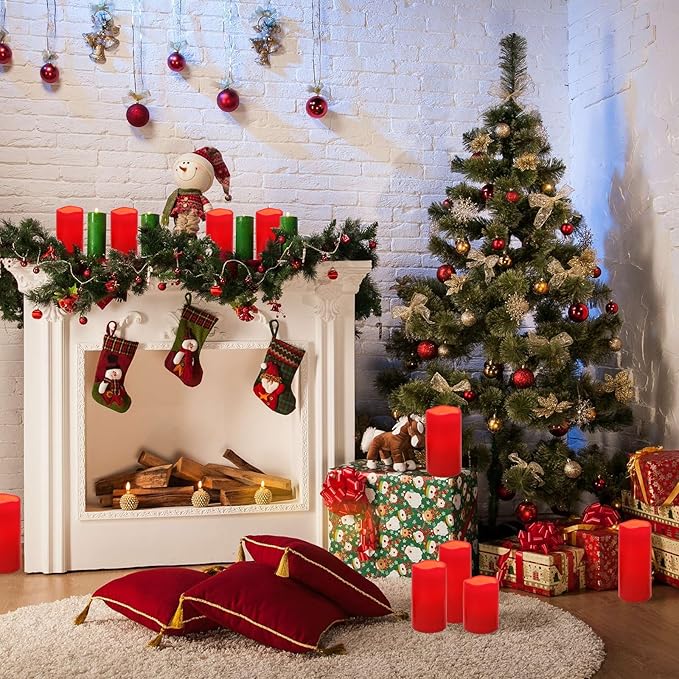 NURADA Large Waterproof Flameless Candles 6" 8" 10" x 4" - Outdoor Indoor LED Pillar Flickering Candle Battery Operated with Timer Remote for Patio Porch Christmas Decor - Red Set of 3