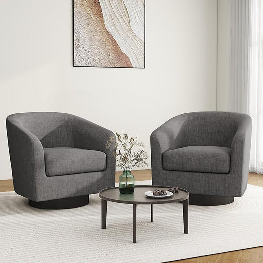 Swivel Barrel Accent Chair, Modern Round Linen Arm Chair for Living Room, Bedroom, Comfy Club Reading Chairs for Adults(Linen Fabric, Grey, Set of 2