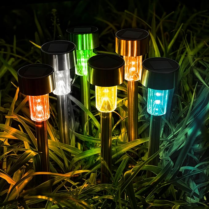 GIGALUMI Solar Lights Outdoor Waterproof, 12 Pack, Stainless Steel LED Solar Garden Lights for Patio, Lawn, Yard and Landscape, Garden Decor Patio Decor,Multicolor