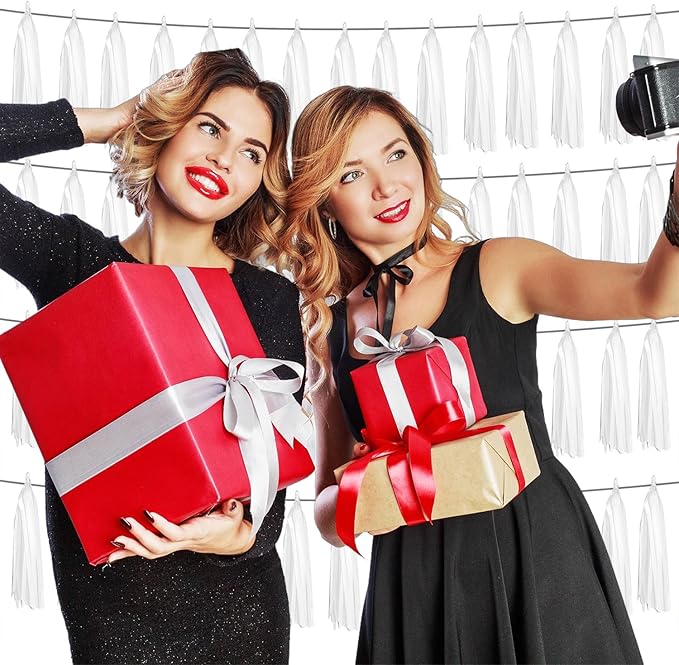 4P White Foil Fringe Metallic Tassel Streamers Banner Tassel Garland for Parade Floats, Graduation, Wedding, Birthday, Halloween, Christmas, Bridal/Baby Shower Party Decorations