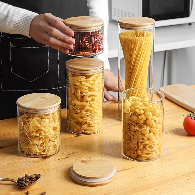 ComSaf Glass Spaghetti Pasta Storage Container with Lids 2 Qt Set of 3, Tall Clear Airtight Food Storage Jar with Wood Cover Kitchen Pantry Storage Container for Noodles Flour Cereal Coffee Beans