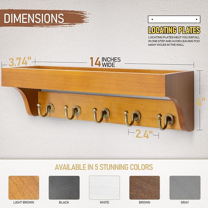 Rebee Vision Decorative Key Holder for Wall with Shelf: Farmhouse Mail Rack with 5 Sturdy Key Hooks for Home Decor, Apartment, Entryway and Hallway (Light Brown)