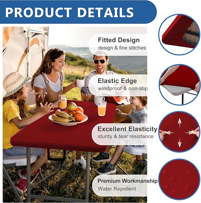 Fitted Tablecloth for 6 Foot Rectangle Tables-6 Pack Red Elastic Outdoor Picnic Table Cover-Spandex Stretch Folding Table Cloths 6 ft for Camping Dining Room Patio Kitchen Banquet Party
