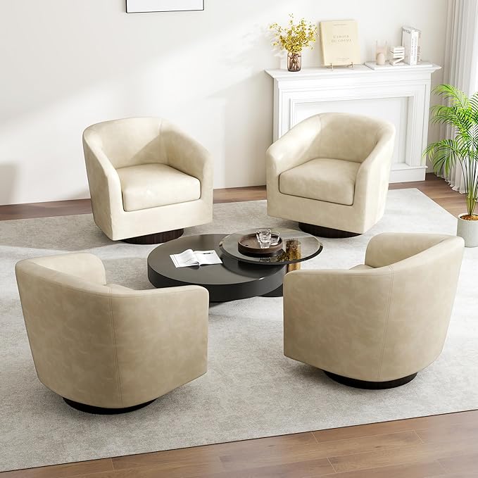 Swivel Barrel Accent Chair, Modern Round Faux Leather Arm Chair for Living Room, Bedroom, Comfy Club Reading Chairs for Adults(Faux Leather, Cream, Set of 4)