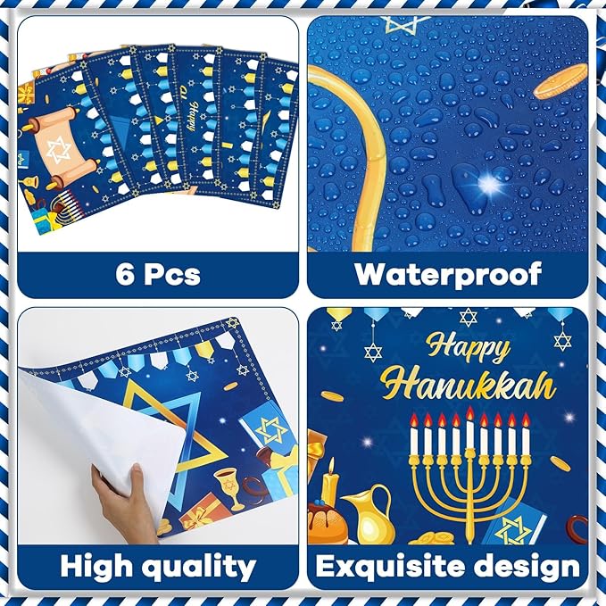 Hanukkah Placemats Set of 6 Festival of Lights Table Mats Plastic Passover Recyclable Place Mats Washable Holiday Table Decoration for Indoor Outdoor Hanukkah Party Kitchen Dining