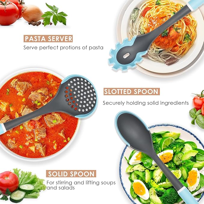 Kitchen Cooking Utensils Set, Non-Stick Spatula Set with Rotating Stand, 6 PCS Silicone Utensils Set for Cooking, 400°F Heat Resistant, Kitchen Gadgets with Nylon Handle & Stable Holder, Grey Blue