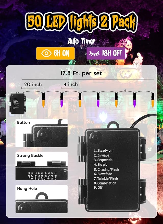 Halloween Orange Purple Outdoor Lights,17.8 Feet 50 LED Christmas Lights with 8 Modes,Waterproof Mini String Lights Battery Operated for Outdoor Indoor Use, Xmas Halloween Tree Holiday Party Patio