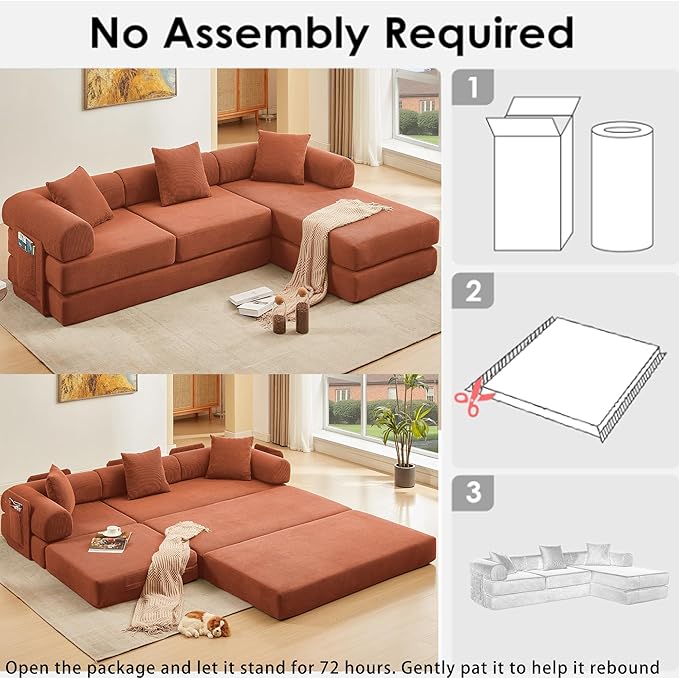 107" Oversized Convertible Sleeper Sofa Bed, Corduroy L Shape Sectional Couch, Folding Sofa Bed with Side Pocket, Modern Cloud Floor Mattress Couch, Modular Sofa for Living Room, Orange