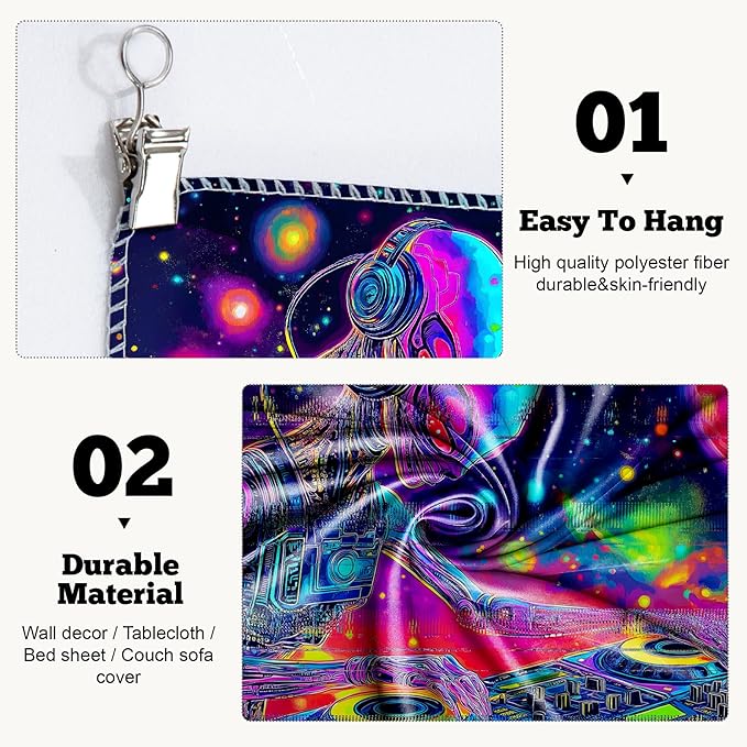 BVBOX Blacklight Space Alien Tapestry 79"x59", UV Reactive Glow in Dark DJ Alien Universe Galaxy Planet Music Tapestries, Black Light Neon Upright Poster Wall Hanging Backdrop Decor for Bedroom Living Room