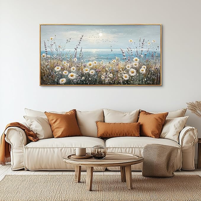 PHAOHUAXM Wall Decor For Living Room Wall Art For Bedroom Office Decorations Blue Ocean Paintings Flowers Watercolour Wall Pictures Canvas Artworks Home Decor Ready To Hang Wood Framed 20x40 In
