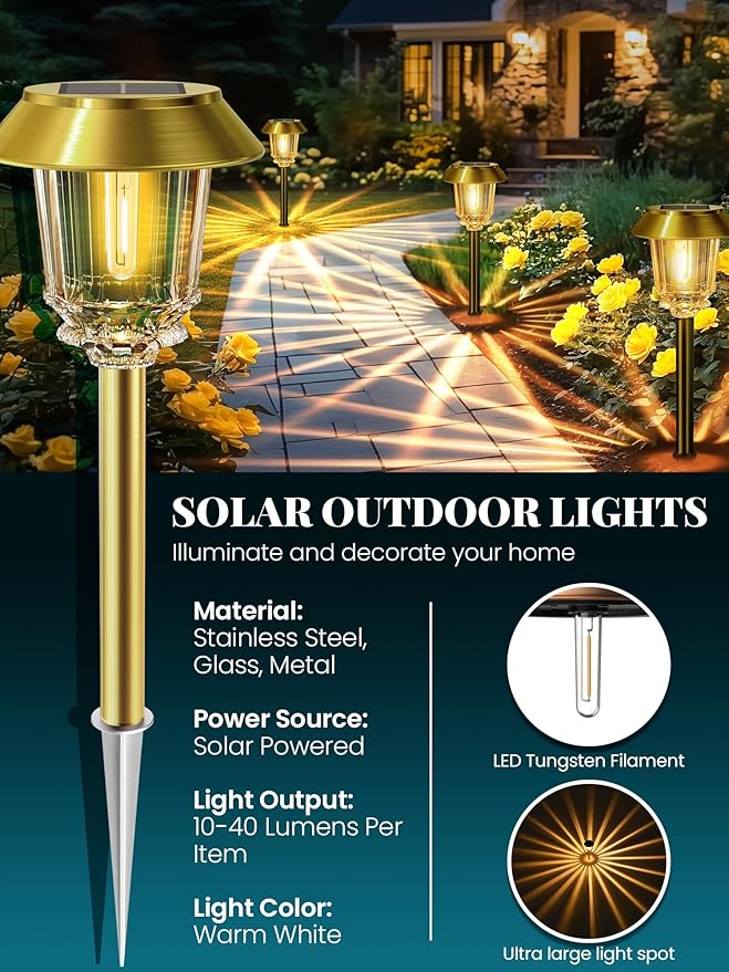 Solar Lights Outdoor Waterproof,6 Pack Gold Solar Pathway Lights with 10-40 LM Dimmable Glass and Metal, Solar Powered Garden Fall Decor for Yard,Patio,Pathway,Driveway(Warm White)